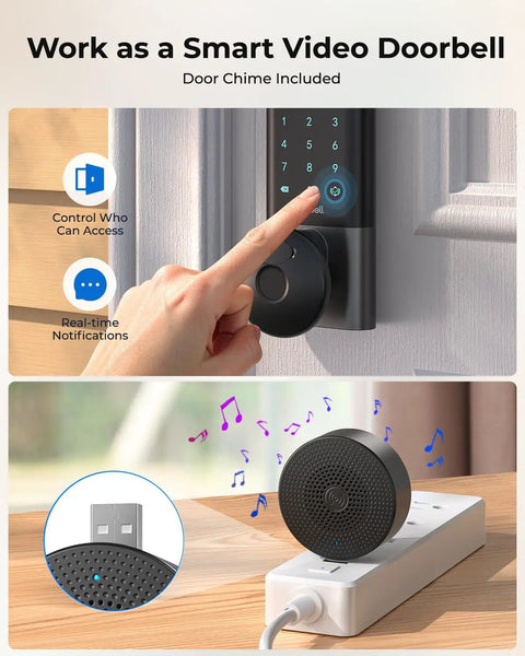 Heavy Duty Fingerprint Smart Door Lock With Built In Wifi Camera No Sweat Keyless Entry Deadbolt Auto Lock Night Vision Two Way Audio Front Door Security System with door chime and user interface.
