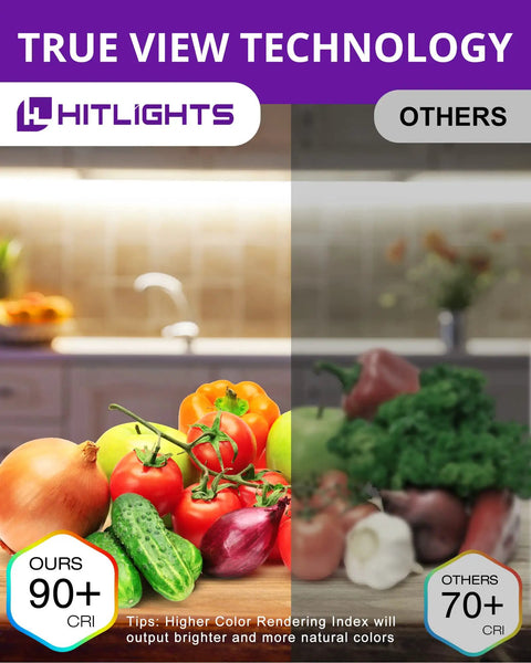 Comparison of White LED Strip Lights Kit with Remote and 12V Power Supply in CRI 90+ vs other CRI 70+ lighting on vegetables.