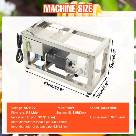 Premium 10L Min Honey Transfer Pump In Stainless Steel for Viscous Liquids showing dimensions and specifications.