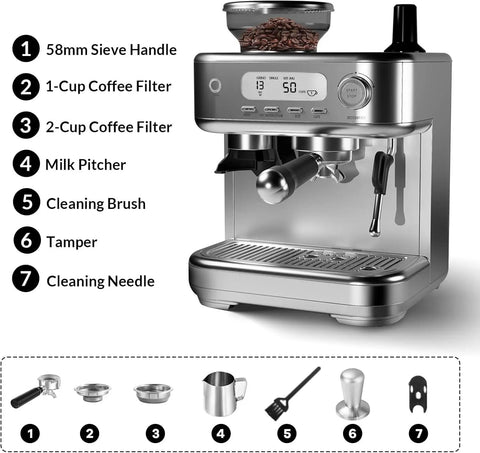 Top Shelf Espresso Machine With Integrated Grinder And Auto Milk Frother For Home Baristas Craving That Straight Up Cafe Kick Featuring A Super Clear Lcd Display And Durable Stainless Steel Chassis For Zero Hassle Morning Brews showing accessories like pitcher and filters.