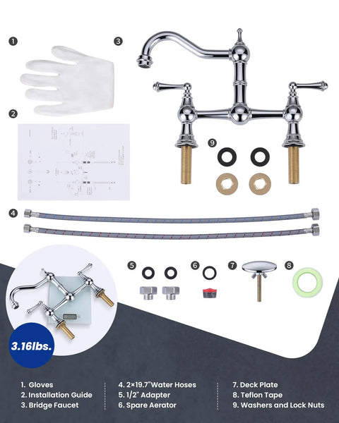 Chrome Bridge Kitchen Faucet With 8 Inch Centerset Solid Brass Construction 2 Or 3 Hole Sink Compatible Two Handle Classic Heritage Design Heavy Duty High Arc Spout Rust Resistant Deck Plate Included Modern Home Style with components