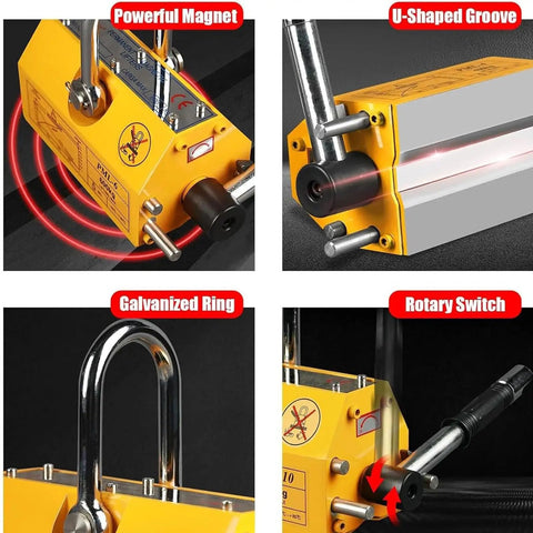 Heavy Duty Permanent Magnetic Lifter Bulletproof Grip For Hoists And Shop Cranes Snappy Flip Lever showing powerful magnet, galvanized ring, rotary switch, U-shaped groove.