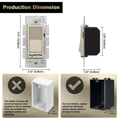 Matte Brown Dimmer Switch Pack Of 10 For Single Pole Or 3 Way Install, dimension details and compatibility, 120V AC UL Listed
