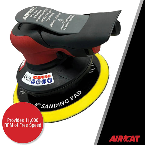 Heavy Duty 6 Inch Pneumatic Palm Sander 3/8 Orbit 11000 Rpm With Hook And Loop Pad showing yellow sanding pad and grip handle.