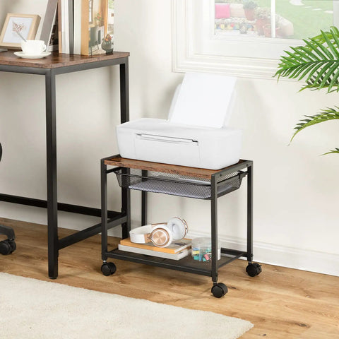 Under Desk Printer Stand With Wheels, Industrial Grade 2 Tier Printer Cart On Casters, Rustic Brown And Black Finish