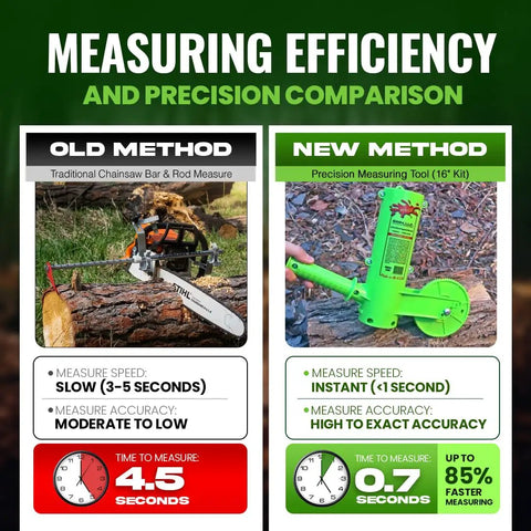 Comparison image showing old chainsaw measuring method versus Dead On Firewood Measuring Tool And Log Line Marking Accessory With 16 Inch Rolling Wheel.