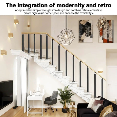 Modern home interior featuring Matte Black Staircase Spindles With Complete Hardware Kit Holeless Iron Railing Posts For Modern Vintage Homes.