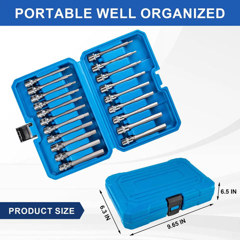 Pro Shop Extra Long Hex Socket Set Featuring Twenty Precision Allen Bits And 3/8 Inch Drive Built Tough From S2 Chrome Vanadium Steel in blue case.