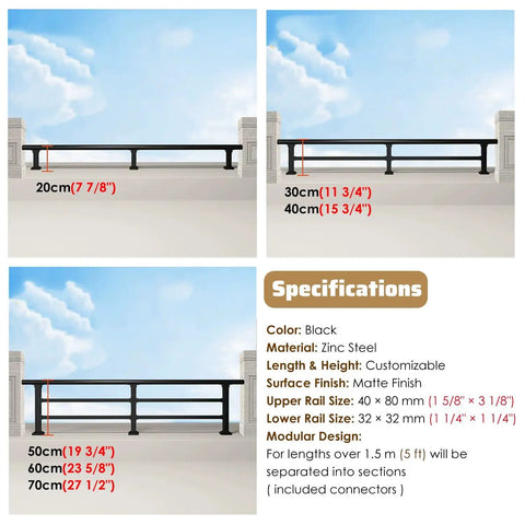 Solid Setup Balcony Railing Height Extender For Temporary Outdoor Security Upgrades With Hella Tough Horizontal Guardrail System specifications with dimensions shown.