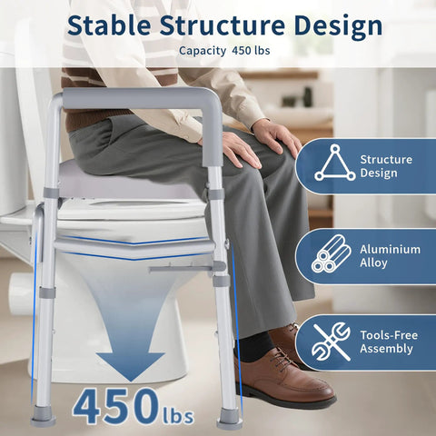Adjusted Raised Toilet Seat With Plush Padded Cushion And Sturdy Safety Handles Built Tough 450 Lb Capacity shown with stable structure.