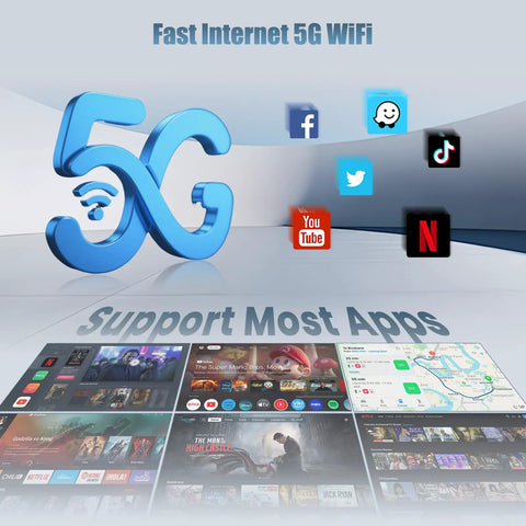 Fast Internet 5G WiFi logo with app icons on a screen showcasing premium streaming and navigation capabilities.