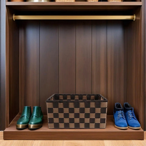 Top Shelf Clothing Storage Bin With Reinforced Metal Frame And Grippy Polyester Weave Handles tucked beside blue and green shoes.