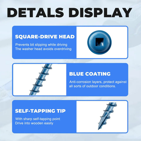 Blue Coated Pocket Hole Screws Kit In Five Sizes From One Inch To Two And A Half Inches Includes 320 Pcs For Outdoor Do It Yourself Woodworking Square Drive Self Tapping Coarse Thread With Washer Head And Included Drive Bit details display with square drive head, blue coating, and self-tapping tip features.