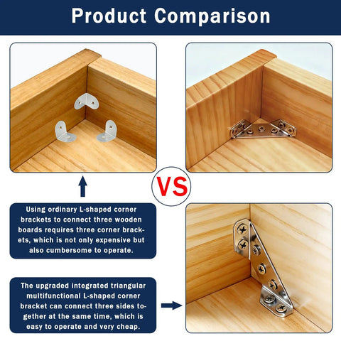 Product comparison of Heavy Duty Stainless Steel L Brackets With Two Dozen Solid Corner Mounts And One Twenty Self Tapping Screws.