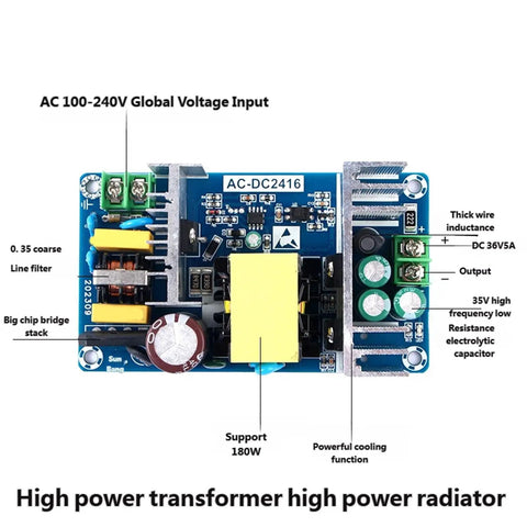 Switching Power Regulator Module With Over Current And Short Circuit Protection For 180W 36V Industrial Use Great For Pro Shops Makers And Small Equipment In Tight Spaces With Stable Efficient Power. AC-DC2416 board with heatsinks, terminals, and capacitors