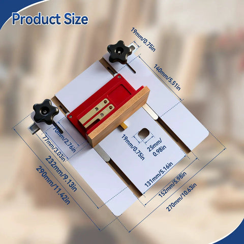 Top view of Rock Solid Box Joint Jig For Router Table featuring size dimensions on melamine surface.