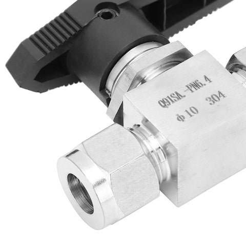 Needle valve, 304 stainless steel, 2-way flow control with threaded ports.