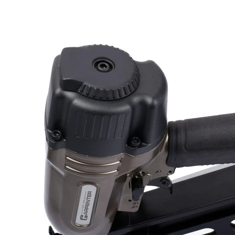 Close-up of Pro Grade 15 Gauge Finish Nailer Pneumatic With 34 Degree Angled Drive, showing heavy duty aluminum body detail