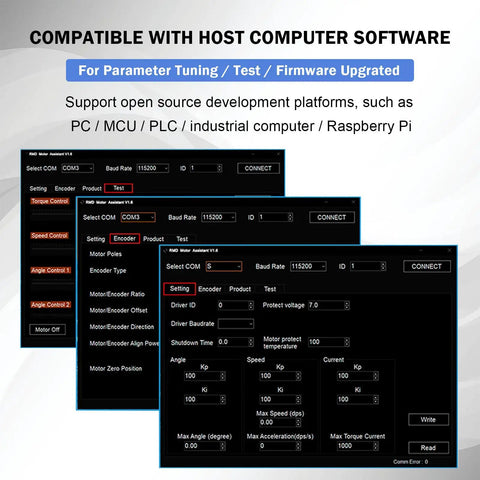 Software interface for Integrated Direct Drive Micro Brushless Servo Motor RMD L 5015 10T with parameter tuning options.