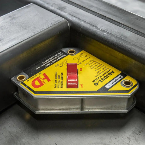 On Off Magnetic Square With Quick On Off Switch For Precise Positioning, adjustable angles, red switch, metal surfaces