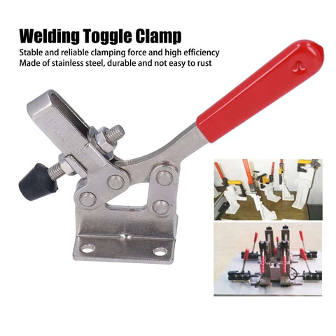 Stainless Steel Quick Release Toggle Clamp With 227 Kg Clamping Force, red handle, for welding and DIY tasks.