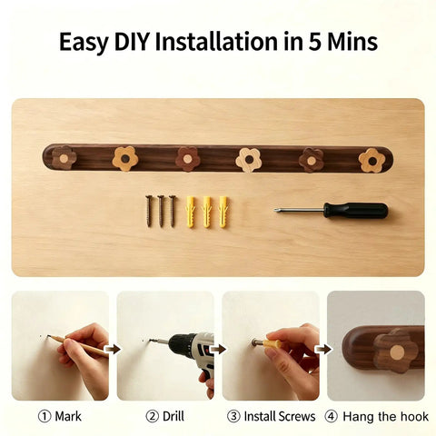 Dang Cute Flower Peg Wall Mount Coat Rack For Kids Crafted From Solid Walnut Wood Storage with installation steps and tools.