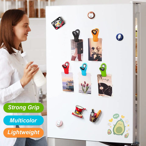 Vibrant Magnetic Chip And Bag Clips 12 Pack Reusable Kitchen Must Have Keeps Snacks Fresh Total Game Changer Super Handy Pantry Organization Essential on a fridge holding photos.