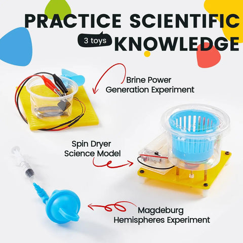 Six In One STEM Home Lab Science Kit for Kids Aged 8 to 12 with brine power, spin dryer, and Magdeburg hemisphere models.