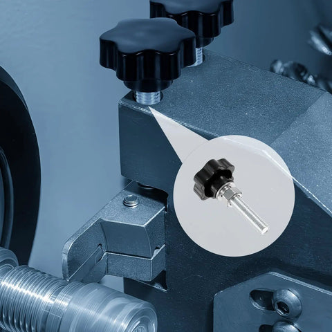 Black M12 Star Clamping Knobs With Nuts And Washers, Heavy Duty Zinc Plated Carbon Steel Thumb Screws mounted on machine.