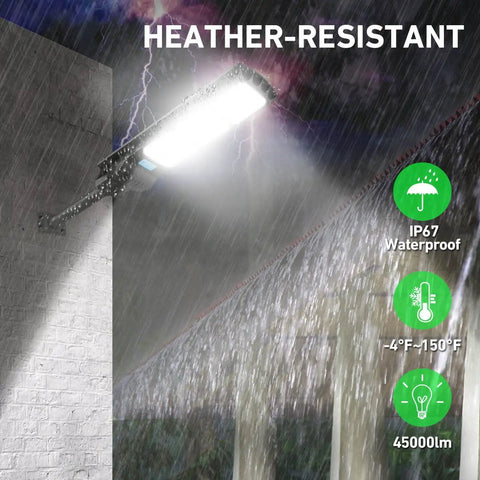 Powerful Solar Street Light For Outdoors With 900 LEDs, 45000 Lumen Flood Lights, IP67 Waterproof in rain at night