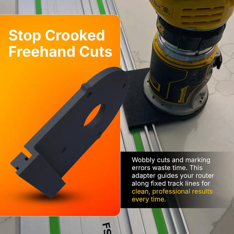 Router Rail Adapter For DeWalt DCW600 attached to a trim router next to a track guide, preventing crooked freehand cuts.