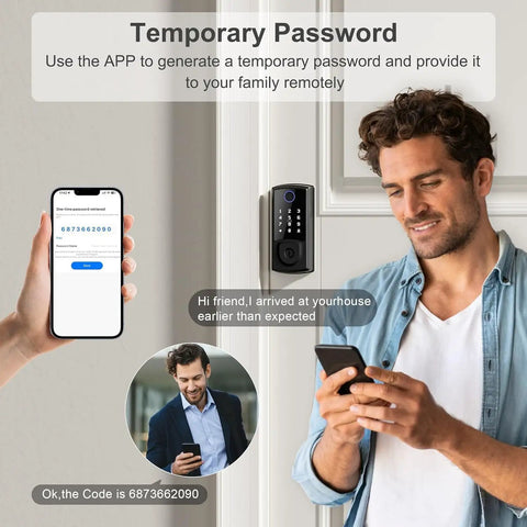 Man using smartphone app with Keyless Front Door Lock With Touchscreen Keypad Fingerprint And App Remote Control Smart Deadbolt.