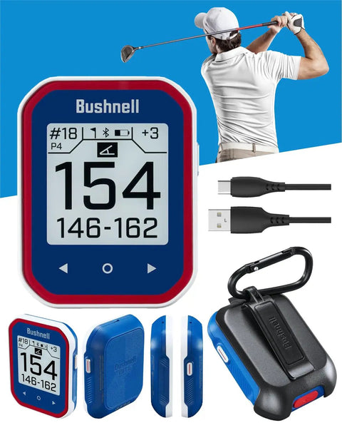 Slope Golf GPS Rangefinder With Touchscreen UI showing green view, golfer swinging, USB cable, and protective case.