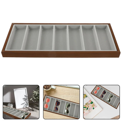 Top Shelf Walnut Wooden Sunglasses Tray With Silky Gray Velvet Liner, spacious seven slot counter display rack on desk.