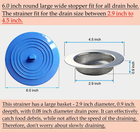 4 Pack Kitchen Sink Strainer Stopper Kit With Silicone Drain Plug Covers Universal 4.5 Inch Stainless Steel Drain Strainer with blue stopper