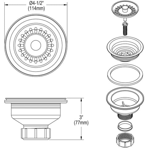 Technical drawing of color matched polymer drain fitting with removable basket strainer and rubber stopper for quartz sinks