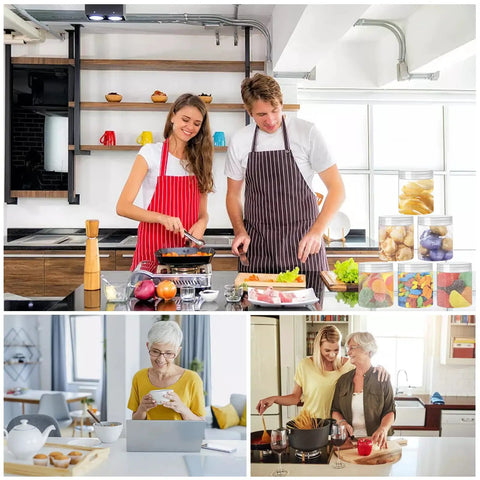 Kitchen scene with people cooking and 20 Pack 4oz Clear Plastic Jars With Lids Wide Mouth Refillable Storage Containers displayed.