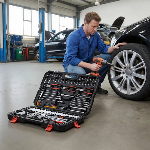 Man using a 314 Piece Mechanic Tool Set Built Like A Tank With 1/4 3/8 And 1/2 Inch Drive Metric Sockets on a car tire.