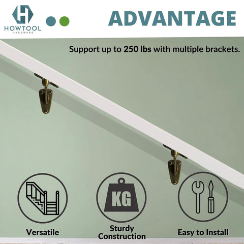 Beefy Heavy Duty Handrail Brackets In Antique Brass 3 Pack Solid Die Cast Wall Mount Stair Support For Dead Simple DIY Install And Awesome Farmhouse Vibe Upgrade, showing sturdy installation with a white railing.