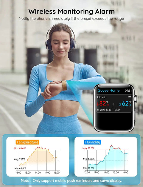 Woman using WiFi Thermometer Hygrometer With E Ink Display Real Time Indoor Temperature And Humidity Sensor App Alerts.