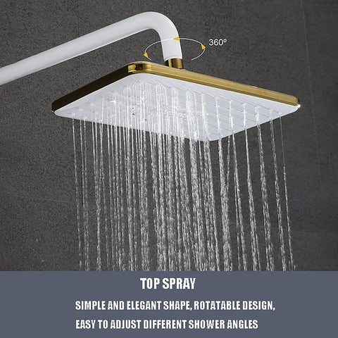 Kick Start Your Daily Ritual With This Clean White Shower Set Featuring A Smooth Waterfall Tub Spout Plus A Spacious 260 By 170 Mm Rainhead, showing 360-degree top spray functionality.
