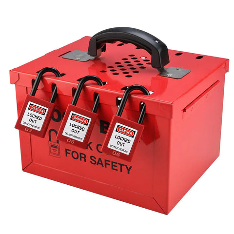 Heavy Duty Lockout Tagout Box for Group Lockout, 12 Padlock Capacity, Industrial Grade Steel, Red Portable LOTO Lock Box with locks