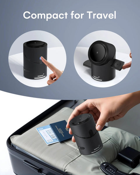 3 In 1 Wireless Charging Station For Apple Gear With MagSafe Stand, Qi2 15W Fast Charging, shown compact for travel in suitcase