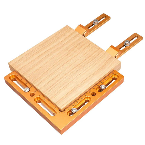 Rock Solid Cnc Workpiece Positioning Fixture Kit For T Slot And Perforated Tables With Side Clamping Vise Dead Nuts, featuring aluminum base and wood surface.