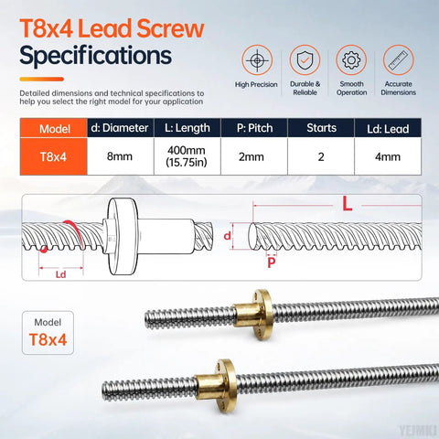 Two Pack 400MM Tr8X4 Lead Screw Kit With Precision Brass Nut Stainless Steel Acme Rod specifications and dimensions.