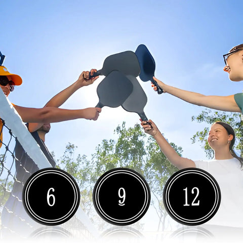 Players holding paddles with Three Weighted Cap Coins For Pickleball Paddle, Counterbalance Tokens 6g, 9g, 12g shown.