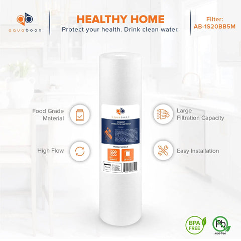 Five Micron Whole House Water Filter Cartridge 20 By 4.5 Inch Sediment Filter Replacement For DGD 5005 20 FP25B AP810 2 Keeps Sand Rust And Sediment Out 6 Pack image showing filter with label and features.