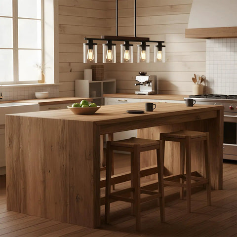 Modern Farmhouse 5 Light Linear Chandelier in kitchen setting, black metal frame, real wood accent, clear glass shades.