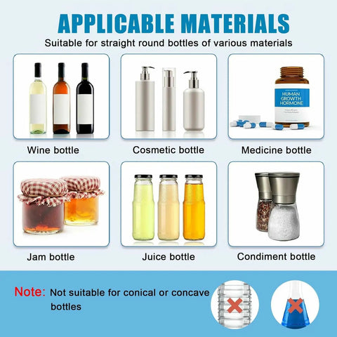 Image showing various suitable bottle types for No Sweat Manual Round Bottle Labeling Machine And Adjustable Label Applicator for Small Biz.