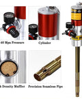 No Sweat Pneumatic Grease Pump Setup For 55 Gallon Oil Drum Featuring Battle Tested Grease Gun and Tough Aluminum Drum Lid with Heavy Duty Steel Pressure Plate, pressure gauge and muffler.